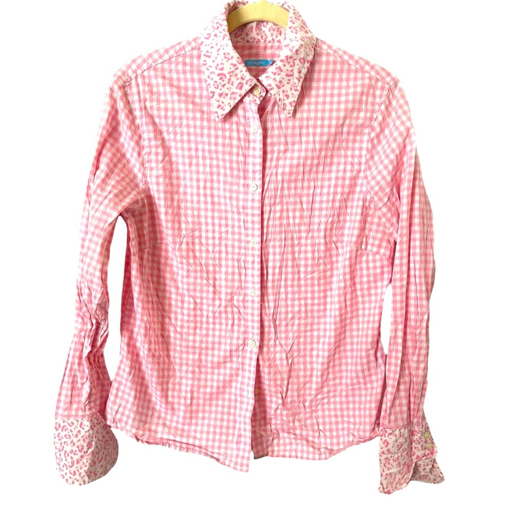 J. McLaughlin Pink Leopard Gingham ‎ Plaid Cotton Button Down Shirt